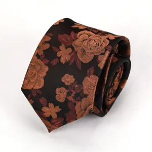 Vintage brown floral jacquard necktie, elegant retro style neck wear for women and men.