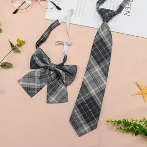 JK uniform plaid necktie and bow tie set, pre-tied design, fashionable school style accessory.