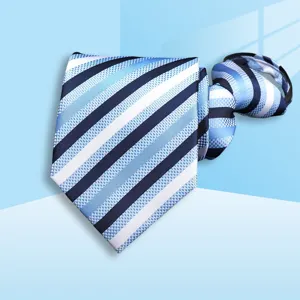 Blue striped zipper necktie close-up view, elegant business wear detail shot for men.
