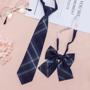 JK uniform tie and bow tie set, navy blue plaid design, fashionable student accessories.