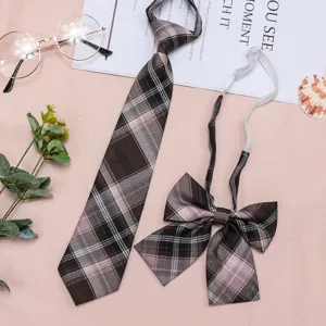 JK uniform necktie and bow tie set in brown plaid, cute pre-tied style fashion accessory.