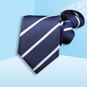 Close-up of navy blue diagonal striped tie zipper design for business formal wear detailed view.