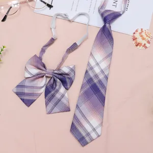 Purple plaid JK uniform necktie and bow tie set, sweet pleated school uniform accessory.