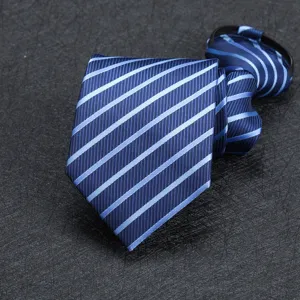 Men's business zipper necktie with blue diagonal stripes, easy wear pre-tied formal tie.
