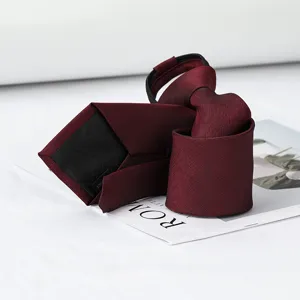 Detailed close-up shot of a burgundy zipper pre-tied necktie featuring fine textured fabric.