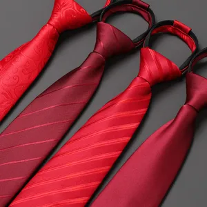 Detailed close-up of mens red zipper ties, showing fine fabric textures and neat pre-tied design.