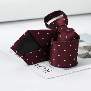 Burgundy polka dot zipper tie detail close up showcasing smooth textured fabric style.