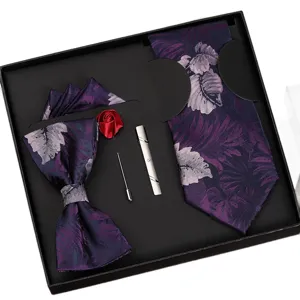 Heren paarse bloemen stropdas set met vlinderdas pochetten dasclip in geschenkbox