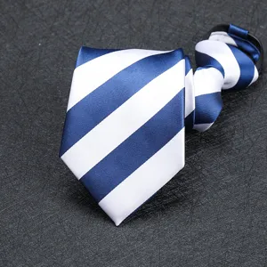 Close-up detail of a classic blue and white striped zipper tie, showing texture and neat finish.