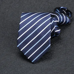 Close-up of a navy blue striped zipper necktie featuring neat diagonal pattern and fine fabric.