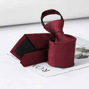 Wine red plaid zipper necktie for men business formal wedding wear easy wear pre-tied tie