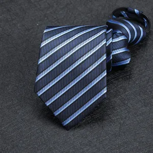 Men's blue black striped zipper necktie detail, pre-tied formal business neck wear accessory.
