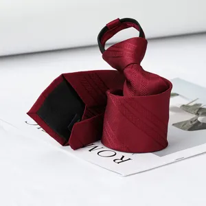 Wine red zipper necktie detail shot featuring textured fabric and convenient zip closure.