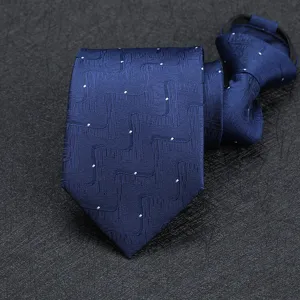 Men's zipper necktie deep blue business formal ready-made tie with geometric pattern.