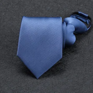 Blue mens zipper necktie detail shot, premium twill fabric for formal business wear.