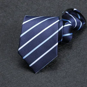 Close-up detail of dark blue men business pre-tied zipper necktie with light blue stripes.