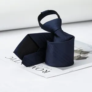Close-up detail shot of dark blue business zipper tie with textured diagonal stripes style.