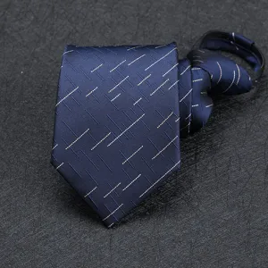 Close-up detail of a dark blue zipper necktie featuring elegant geometric dashed stripe patterns.