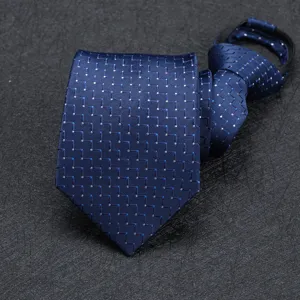 Men's blue zipper tie pre-tied business formal necktie with stylish geometric dot pattern.