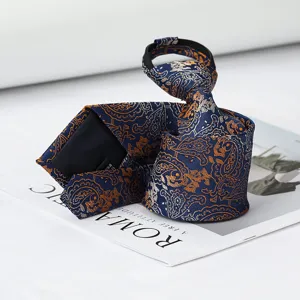 Blue paisley zipper tie for men, stylish pre-tied necktie for business and formal events.