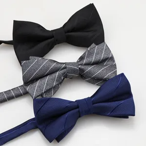 Set di papillon da uomo a doppio strato nero grigio a righe blu scuro per abiti formali.