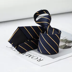 Navy blue striped zipper tie for men business formal wear, easy-to-use pre-tied necktie detail.