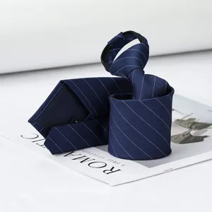 Men Women Zipper Tie Navy Blue Pinstripe Lazy Necktie Wedding Business Formal Wear
