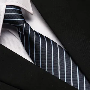 Close-up detail of a classic blue and white striped business formal zipper tie, neat texture.