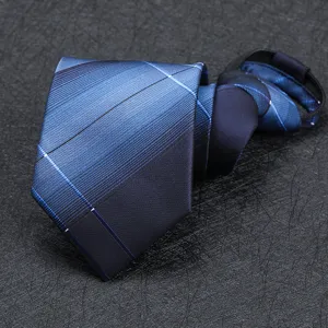 Blue striped detail view of men pre-tied zipper tie, showing fine fabric texture and neat close-up.