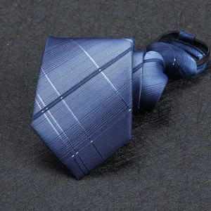 Blue plaid zipper tie detail view, elegant mens formal necktie for business and wedding wear.
