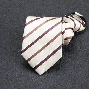 Men's striped zip tie detail, business formal wear necktie with convenient lazy zipper design.