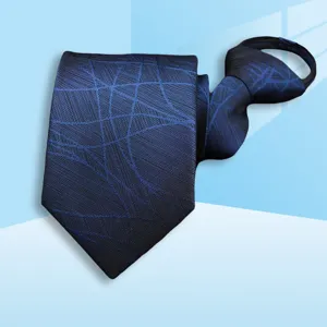 Blue zip necktie detail showcasing geometric woven pattern, perfect for business professional wear.