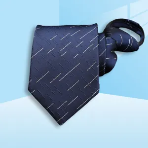 Blue zipper tie detail showcasing geometric striped pattern and neat fabric texture.