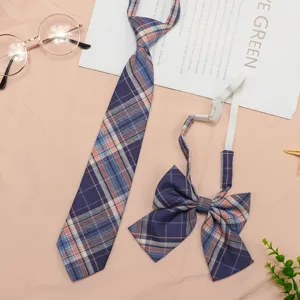 Detailed view of the JK uniform plaid tie and bowtie set, featuring blue and pink plaid.