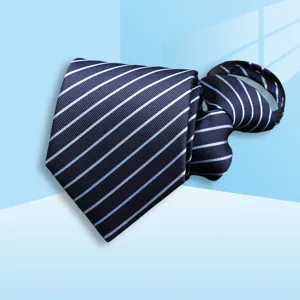 Detailed view of a navy blue striped zipper tie, classic design for men's business and formal wear.