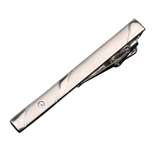Men's silver tie clip with elegant diagonal lines and rhinestone accent for formal business suits.