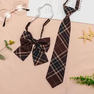 Brown plaid JK uniform necktie and bow tie set pre-tied student clothing accessory matching.