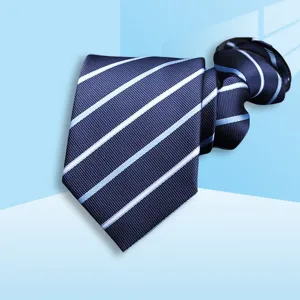 Detail view of the classic navy blue striped zipper tie, perfect for business and formal work.
