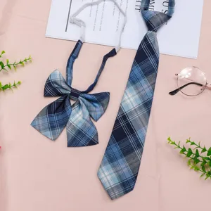 Blue plaid JK uniform tie and bow tie set with adjustable strap, sweet school style accessory.