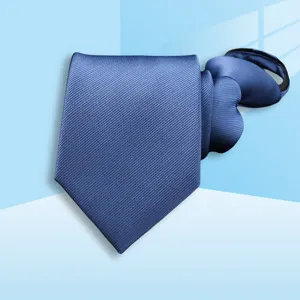 Blue zipper tie detail showcasing textured twill fabric and pre-tied structure for easy formal wear.