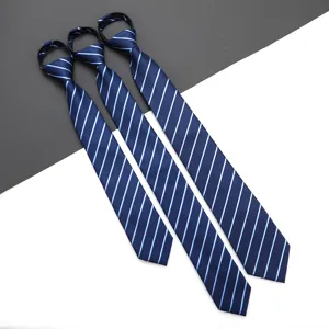 Men Women Business Formal Zipper Necktie Solid Color Striped Narrow Neck Tie Wedding Office Work Wear