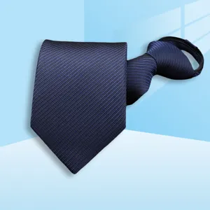 Navy blue striped zipper tie for business professional wear, wedding groom, and formal office work.