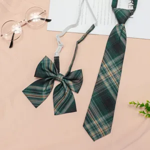 Green plaid JK uniform necktie and bow set with adjustable elastic strap accessory.