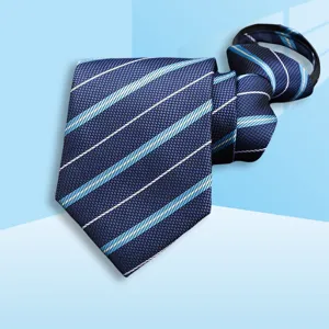 Close-up view of the blue striped zipper necktie, showing fine fabric texture and neat stripe details.