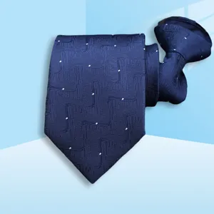 Close-up detail of dark blue patterned zipper necktie with geometric texture for business wear.