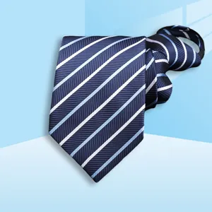 Blue striped zipper tie detail, classic business necktie with pre-tied design for men.