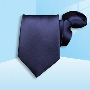 Close-up detail of a dark blue zipper tie, showing fine fabric texture and neat knot.