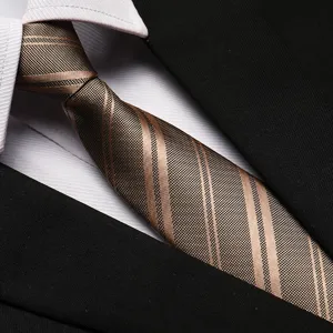 Classic brown striped men's necktie with formal business suit detail for professional wear.