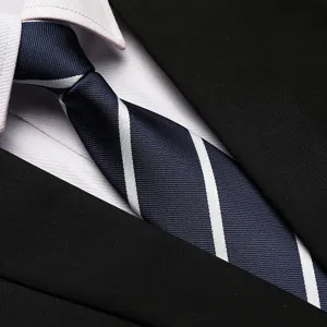 Detailed view of classic navy blue and white striped business necktie for professional office wear.