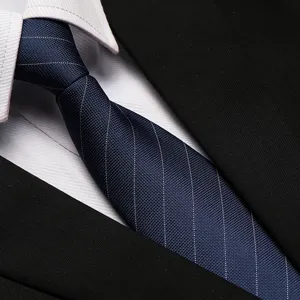 Close-up detail view of the classic navy blue striped necktie featuring fine white lines.